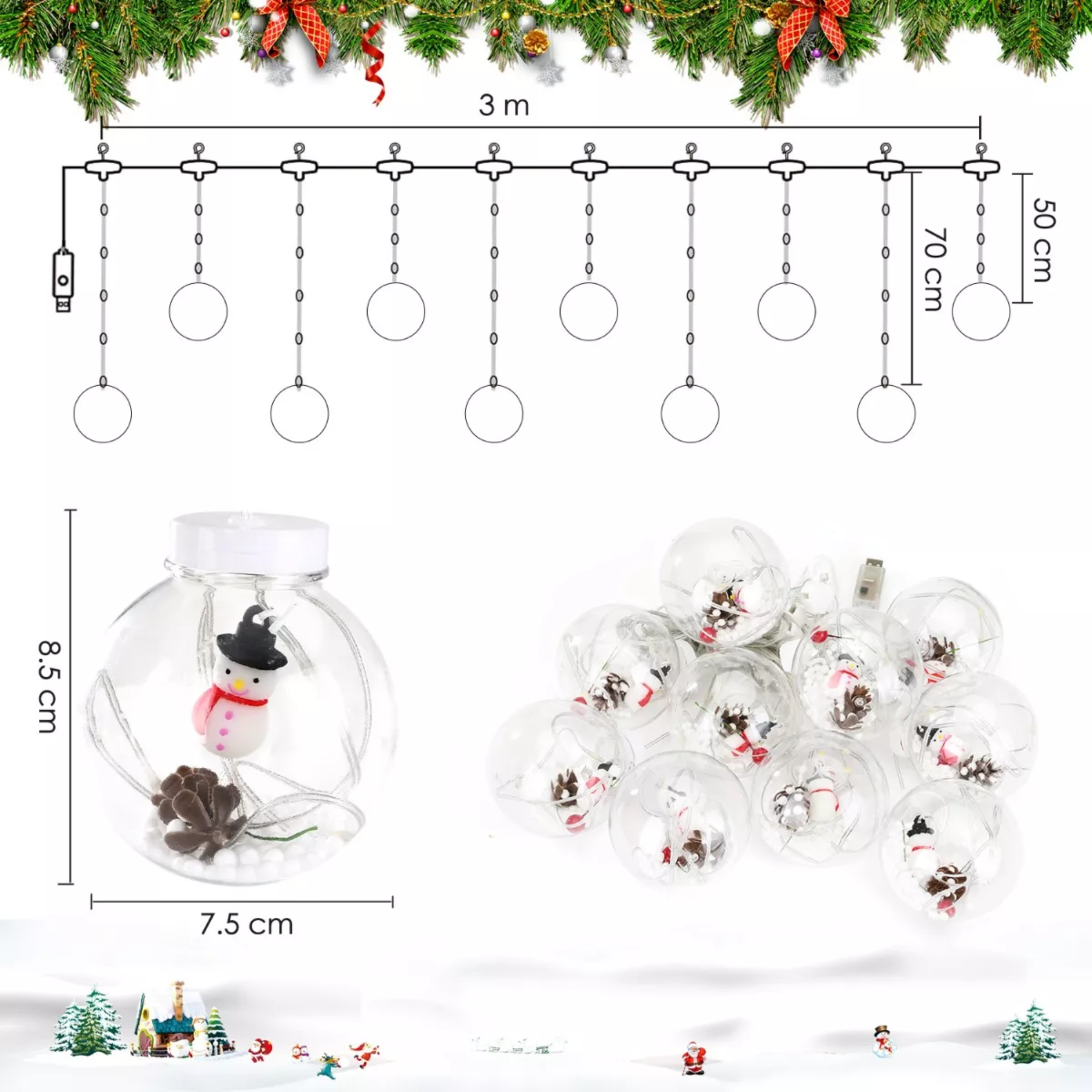 Guirnalda Cortina LED Luces 10 Bolas 3mt / HDA Store